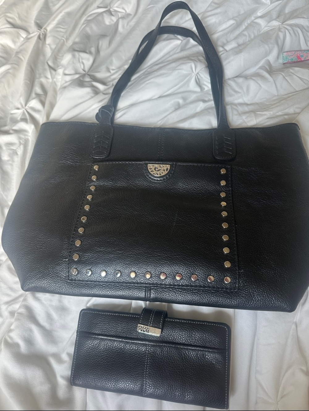 Brighton Black Leather Tote with Matching Wallet and Silver Stud Accents
